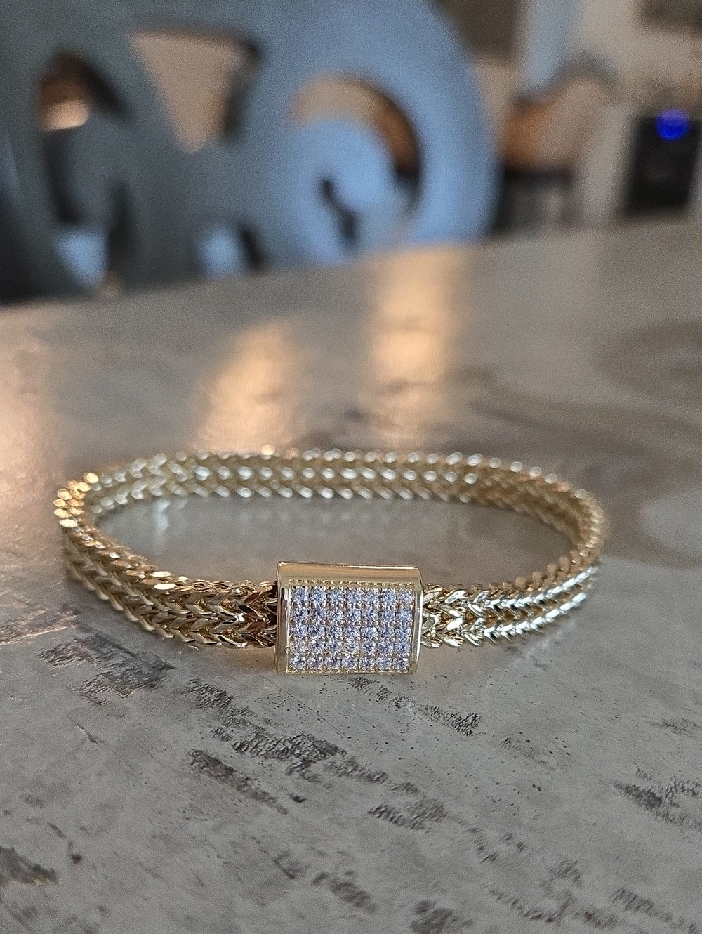 Gold Chain Bracelet with Gold Center Station and Genuine CZ Pave Accents, NEW